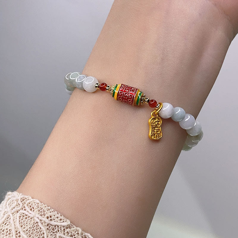 Nimara Ritual Tibetan Natural Jade Fu Character Prayer Wheel Prosperity Abundance Bracelet