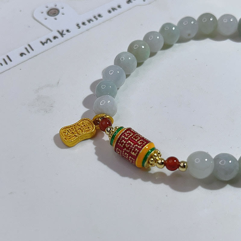 Nimara Ritual Tibetan Natural Jade Fu Character Prayer Wheel Prosperity Abundance Bracelet