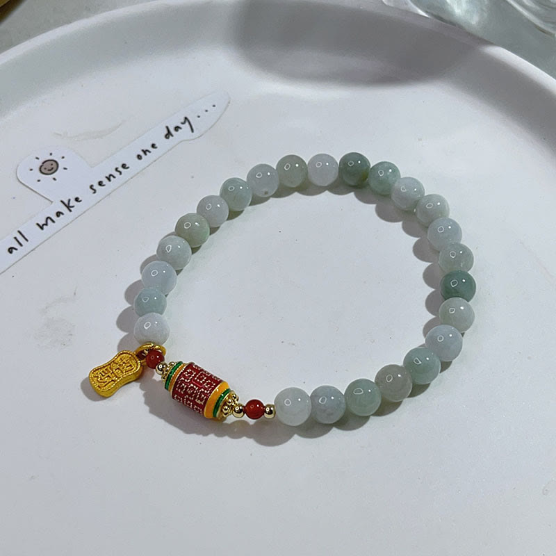 Nimara Ritual Tibetan Natural Jade Fu Character Prayer Wheel Prosperity Abundance Bracelet