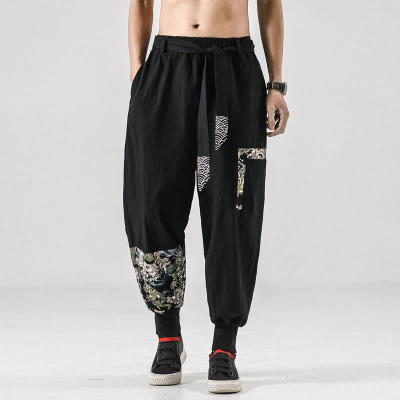 Nimara Ritual Ocean Waves Lace-up Men's Harem Pants With Pockets