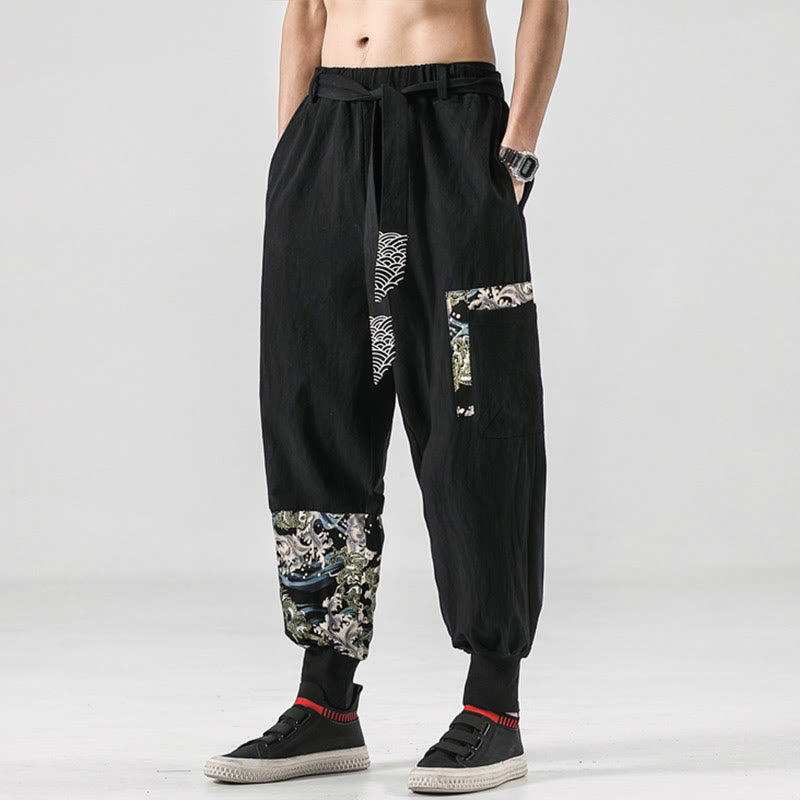 Nimara Ritual Ocean Waves Lace-up Men's Harem Pants With Pockets