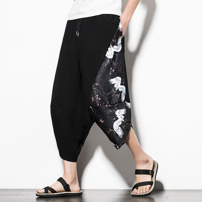 Nimara Ritual White Crane Print Cotton Men's Cropped Harem Pants With Pockets