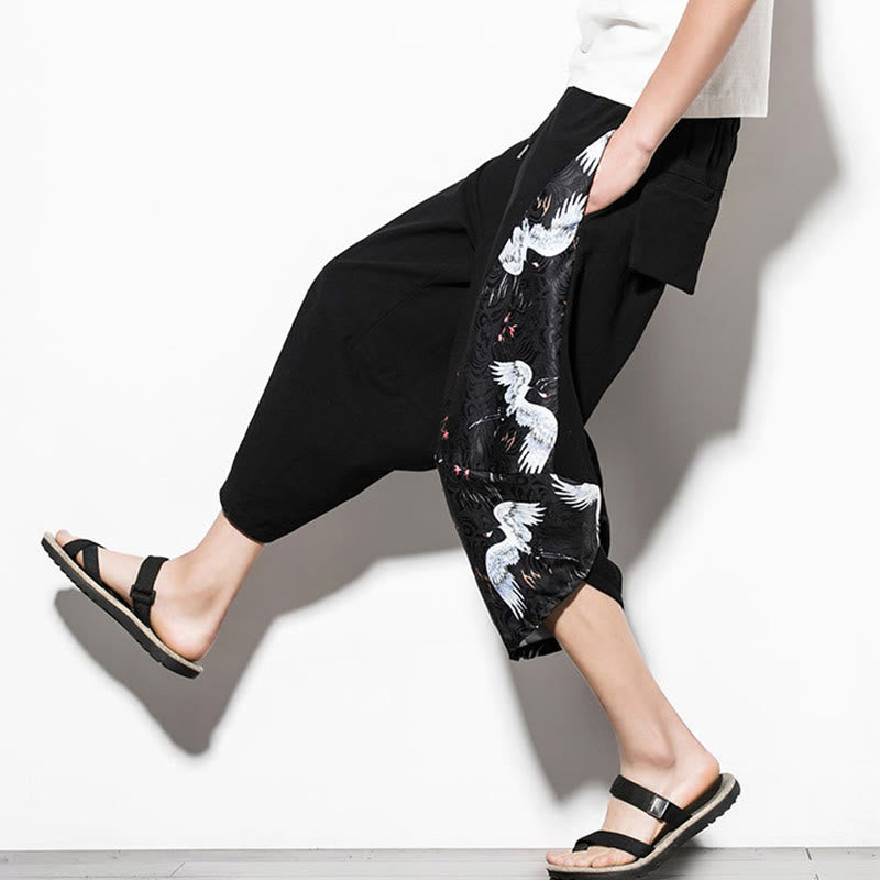 Nimara Ritual White Crane Print Cotton Men's Cropped Harem Pants With Pockets