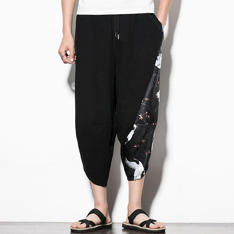 Nimara Ritual White Crane Print Cotton Men's Cropped Harem Pants With Pockets