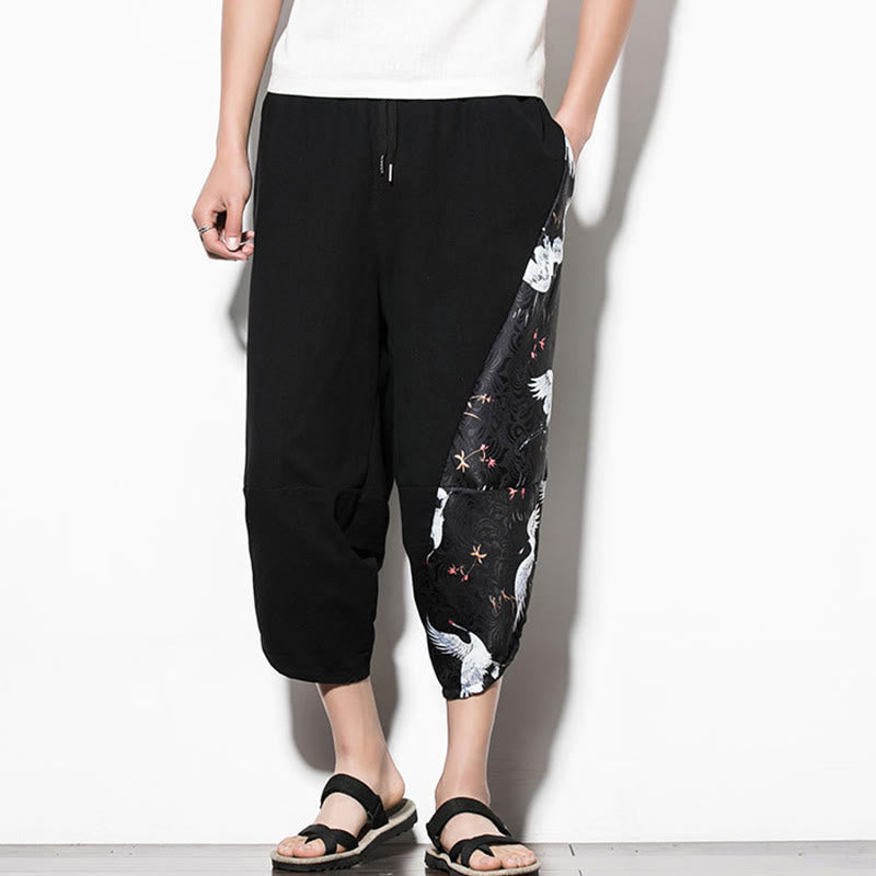 Nimara Ritual White Crane Print Cotton Men's Cropped Harem Pants With Pockets