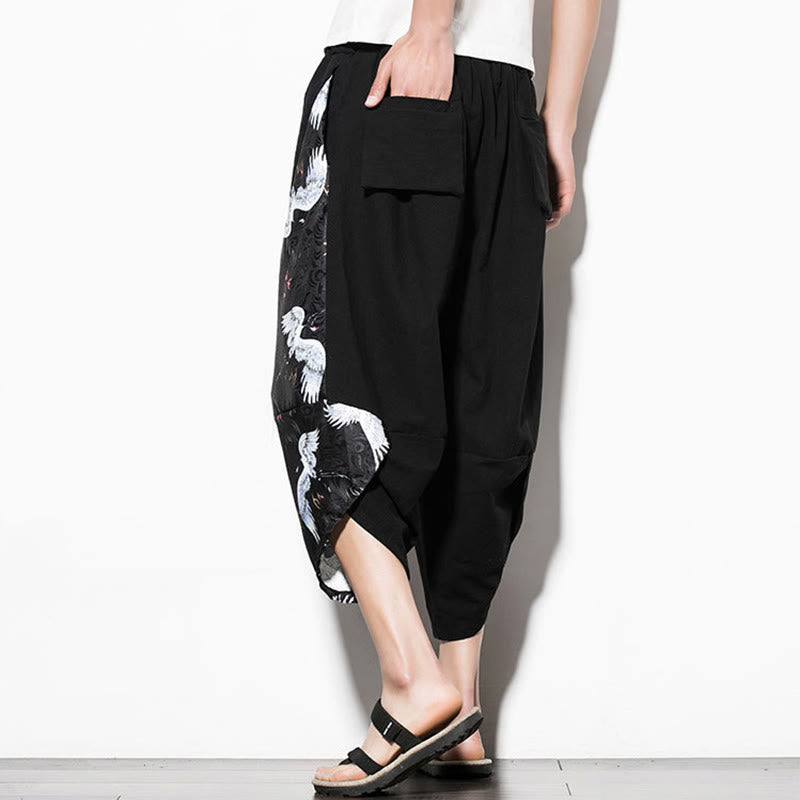 Nimara Ritual White Crane Print Cotton Men's Cropped Harem Pants With Pockets