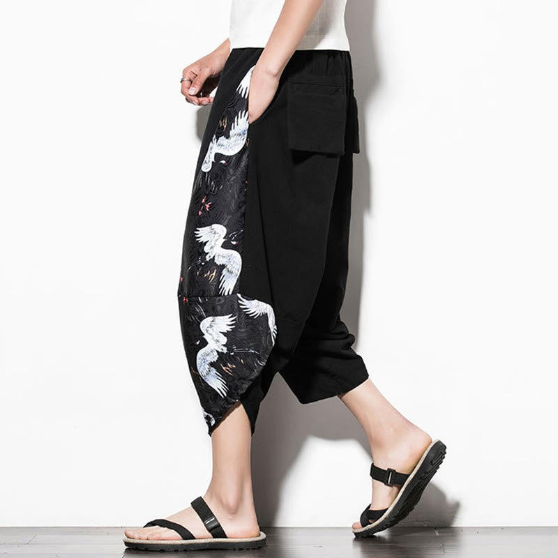 Nimara Ritual White Crane Print Cotton Men's Cropped Harem Pants With Pockets