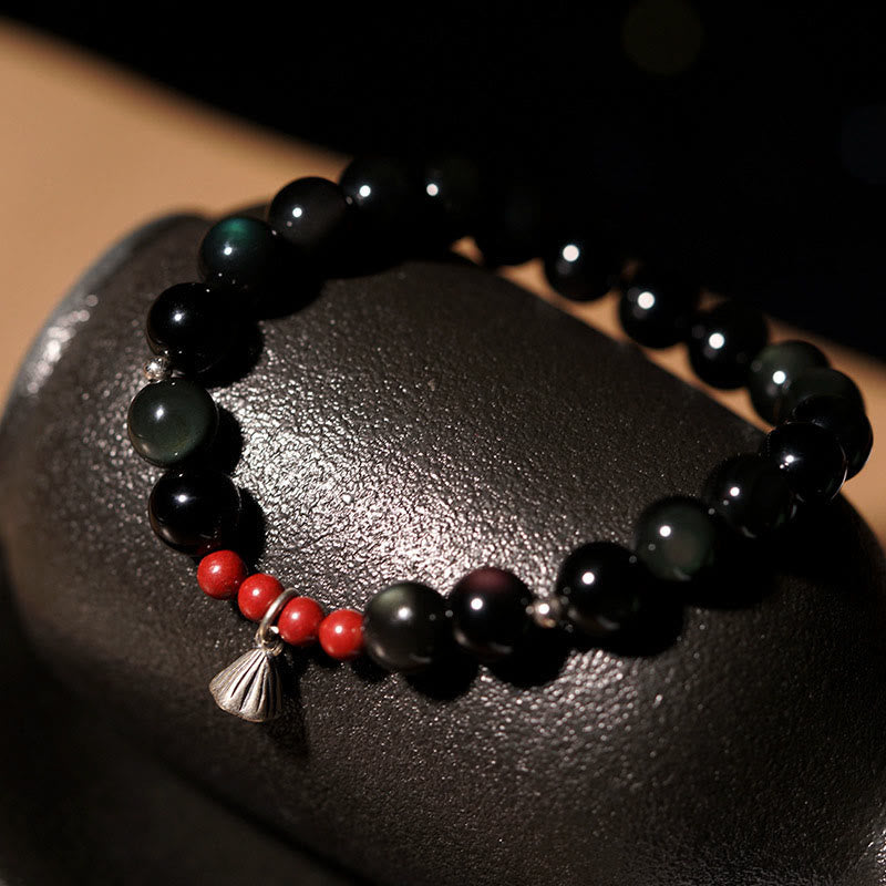 Nimara Ritual Natural Black Obsidian Cinnabar Lotus Charm Strength Fulfillment Bracelet
