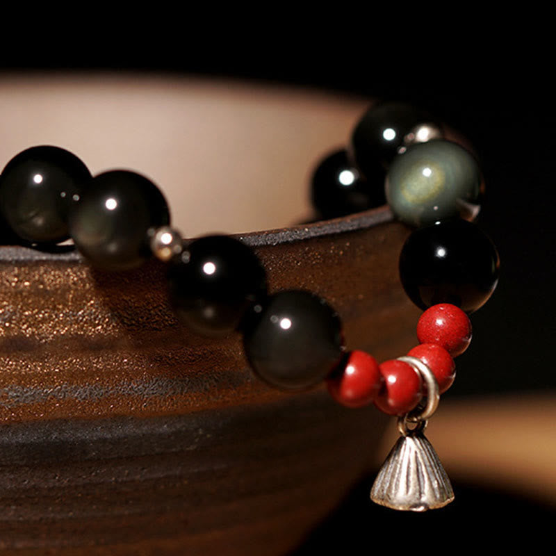 Nimara Ritual Natural Black Obsidian Cinnabar Lotus Charm Strength Fulfillment Bracelet