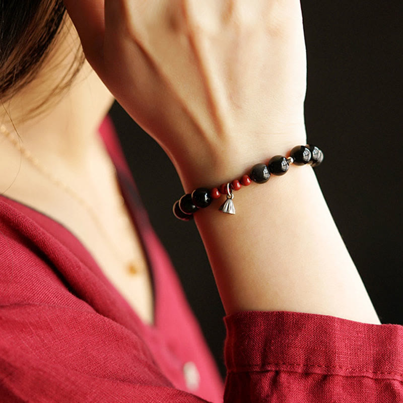 Nimara Ritual Natural Black Obsidian Cinnabar Lotus Charm Strength Fulfillment Bracelet