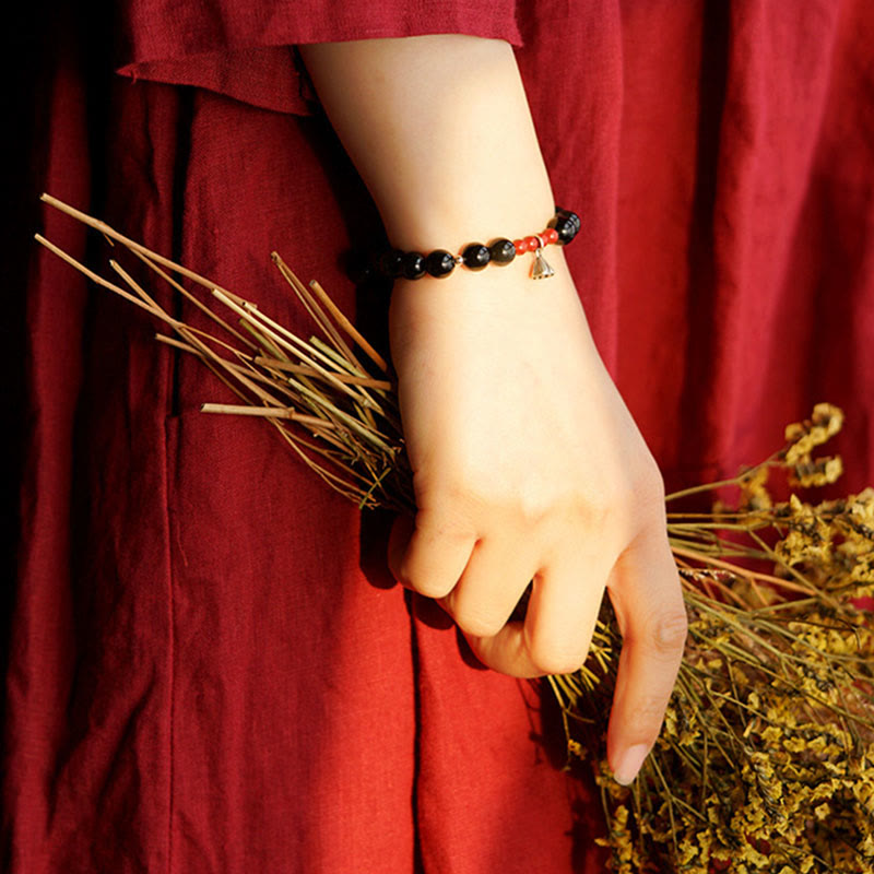 Nimara Ritual Natural Black Obsidian Cinnabar Lotus Charm Strength Fulfillment Bracelet