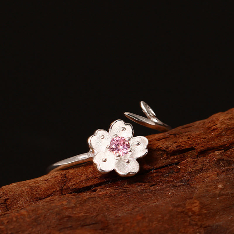 Nimara Ritual 925 Sterling Silver Cherry Blossom Sakura Flower Blessing Adjustable Ring