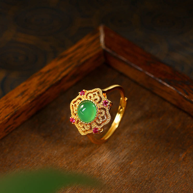 Nimara Ritual Green Chalcedony Hollow Pattern Strength Adjustable Ring