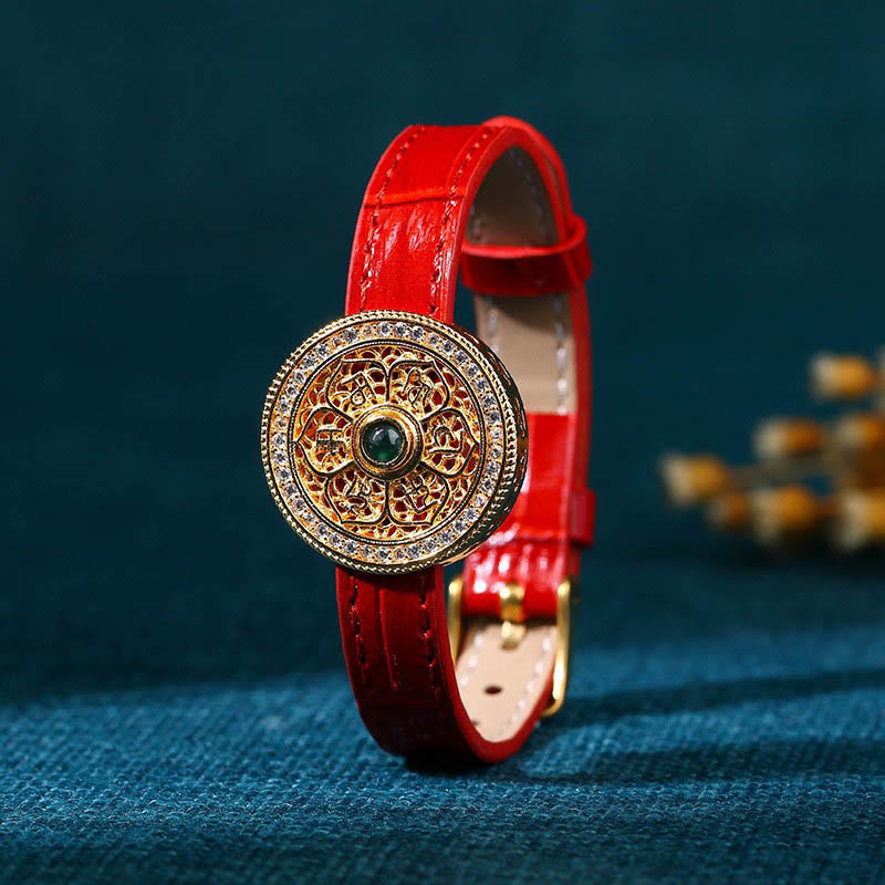 Nimara Ritual Six True Words Eight Treasures Compass Jade 24K Gold Plated Luck Leather Bracelet