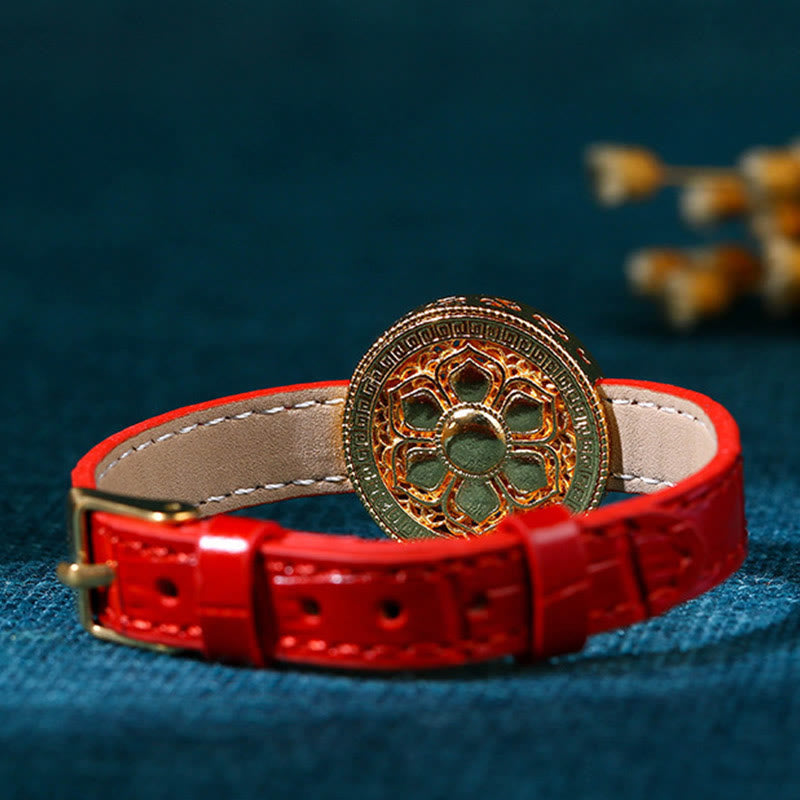 Nimara Ritual Six True Words Eight Treasures Compass Jade 24K Gold Plated Luck Leather Bracelet