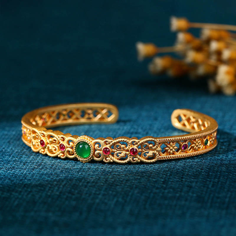 Nimara Ritual Green Chalcedony 24k Gold Plated Copper Strength Cuff Bracelet Bangle