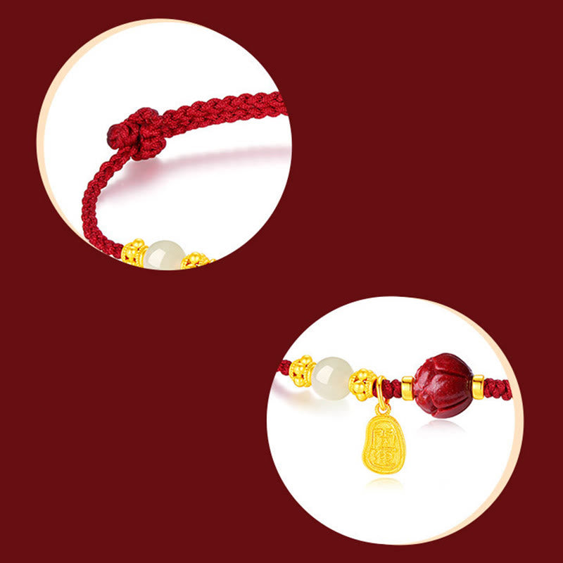 Nimara Ritual Fu Character Jade Cinnabar 24K Gold Plated Luck Red String Bracelet