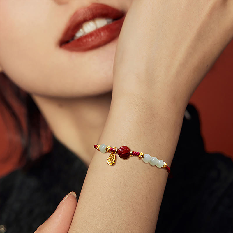 Nimara Ritual Fu Character Jade Cinnabar 24K Gold Plated Luck Red String Bracelet