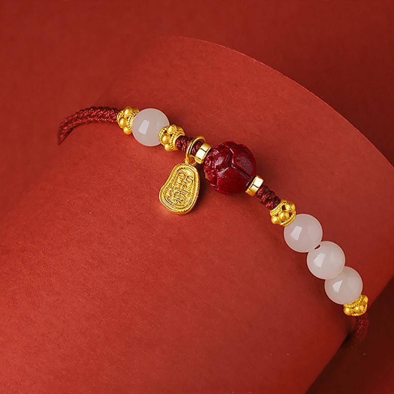 Nimara Ritual Fu Character Jade Cinnabar 24K Gold Plated Luck Red String Bracelet
