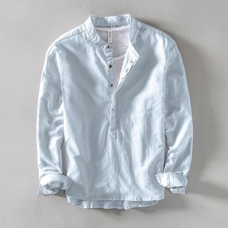 Nimara Ritual Solid Color Long Sleeve Half Button Shirt Cotton Linen Men Clothing