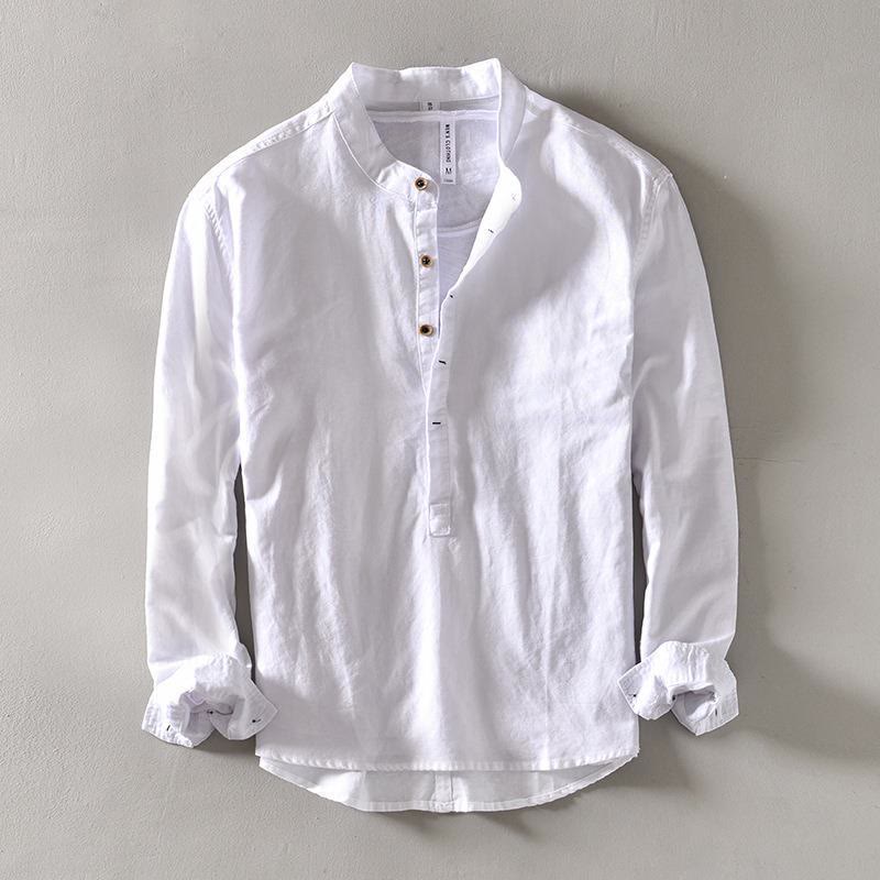Nimara Ritual Solid Color Long Sleeve Half Button Shirt Cotton Linen Men Clothing
