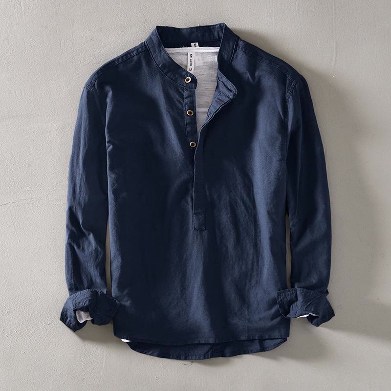 Nimara Ritual Solid Color Long Sleeve Half Button Shirt Cotton Linen Men Clothing