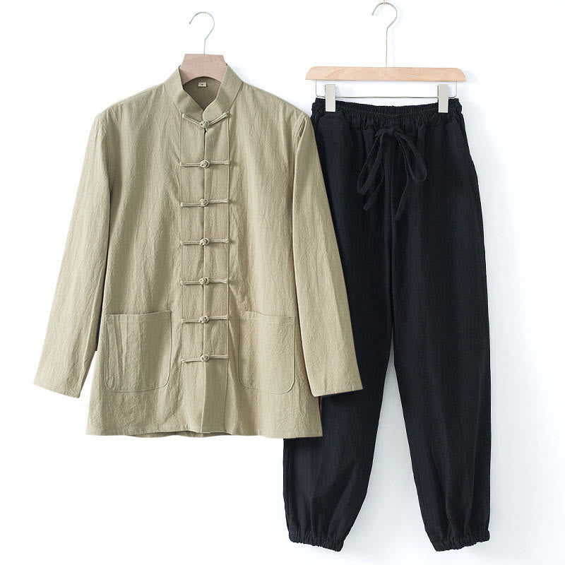 Nimara Ritual Meditation Frog-Button Tang Long Sleeve Shirt Pants Men's Suit