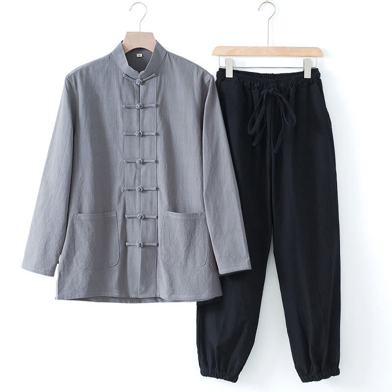 Nimara Ritual Meditation Frog-Button Tang Long Sleeve Shirt Pants Men's Suit