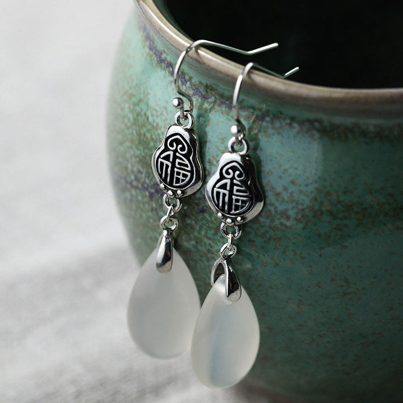 Nimara Ritual 925 Sterling Silver Posts Natural Chalcedony Fu Character Positive Harmony Earrings
