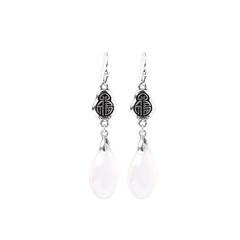 Nimara Ritual 925 Sterling Silver Posts Natural Chalcedony Fu Character Positive Harmony Earrings