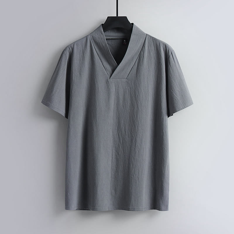 Nimara Ritual Loose Men's T-Shirt Solid Color Top Short Sleeve V Collar Breathable Cotton Linen Shirt