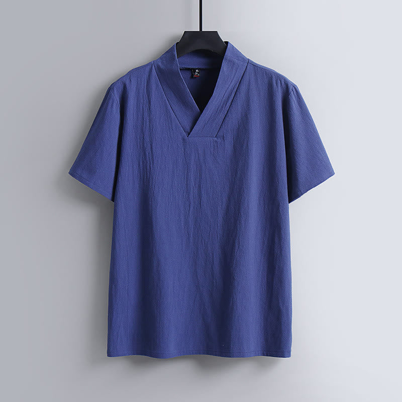 Nimara Ritual Loose Men's T-Shirt Solid Color Top Short Sleeve V Collar Breathable Cotton Linen Shirt