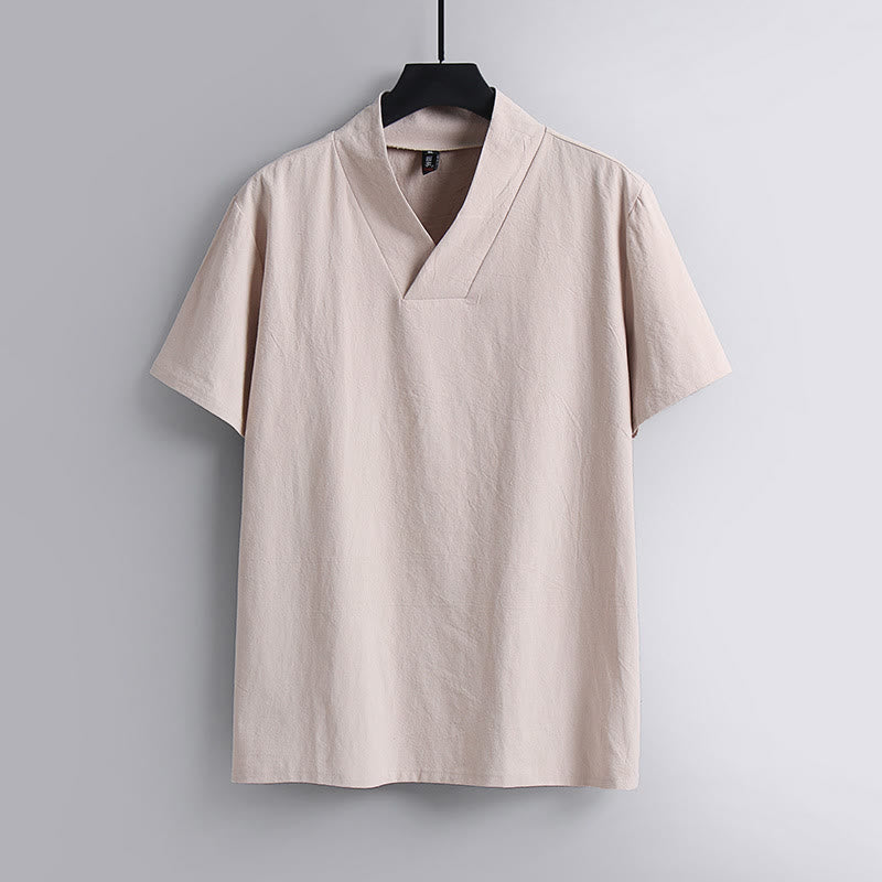 Nimara Ritual Loose Men's T-Shirt Solid Color Top Short Sleeve V Collar Breathable Cotton Linen Shirt
