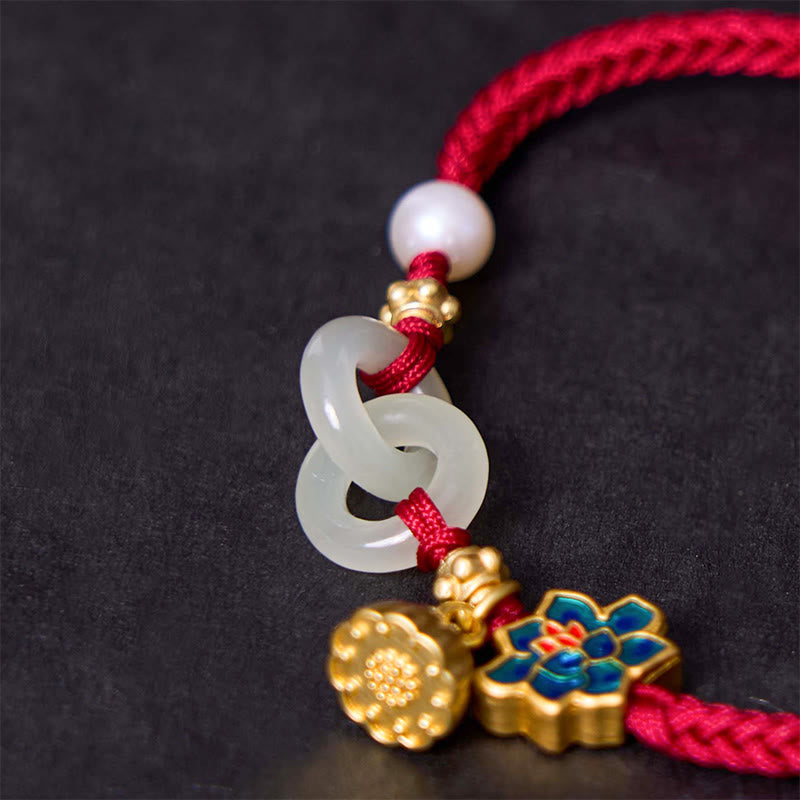 Nimara Ritual Hetian Jade Lotus Peace Buckle Braided Rope Fortune Bracelet