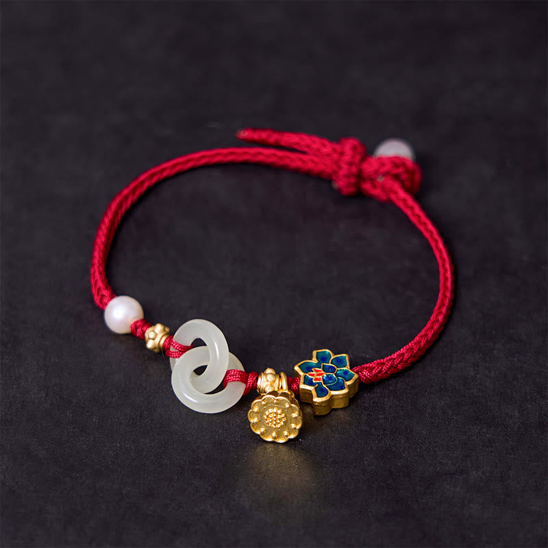 Nimara Ritual Hetian Jade Lotus Peace Buckle Braided Rope Fortune Bracelet