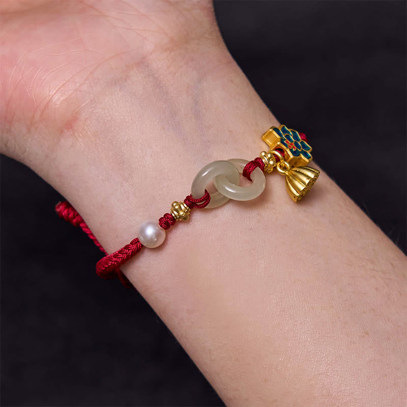 Nimara Ritual Hetian Jade Lotus Peace Buckle Braided Rope Fortune Bracelet
