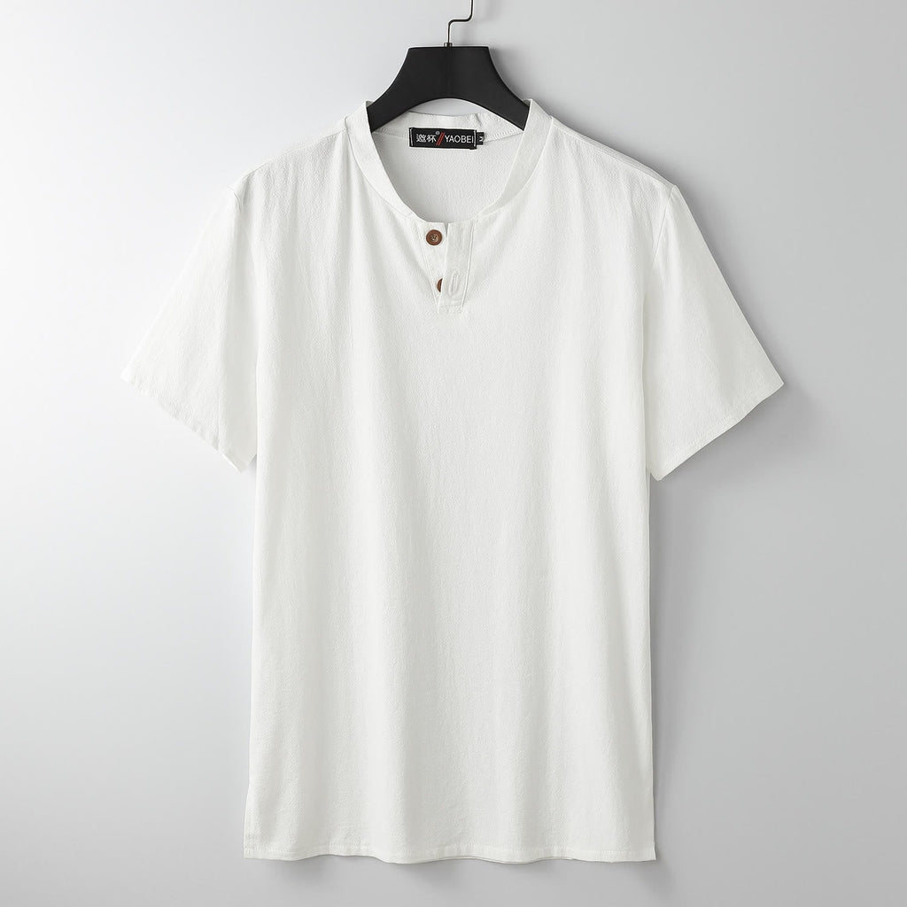 Nimara Ritual Loose Men's T-shirt Solid Color Top Short Sleeve Button Notched Neck Soft Shirt