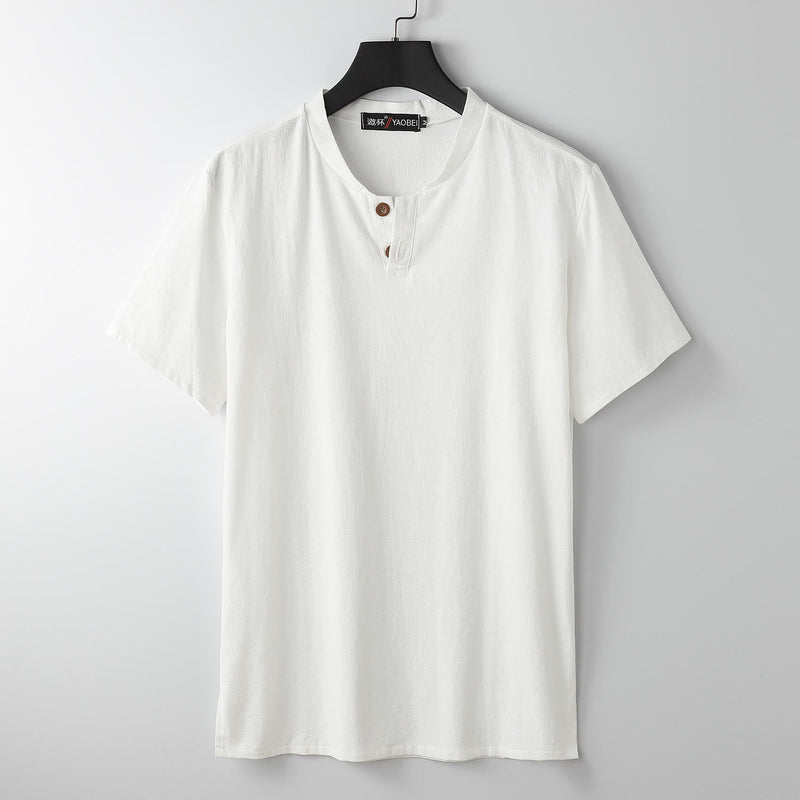 Nimara Ritual Loose Men's T-shirt Solid Color Top Short Sleeve Button Notched Neck Soft Shirt