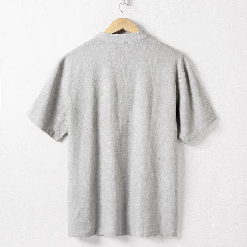 Nimara Ritual Loose Men's Shirt Solid Color Notched Neck Top Short Sleeve Comfy Button Breathable Cotton Linen Shirt