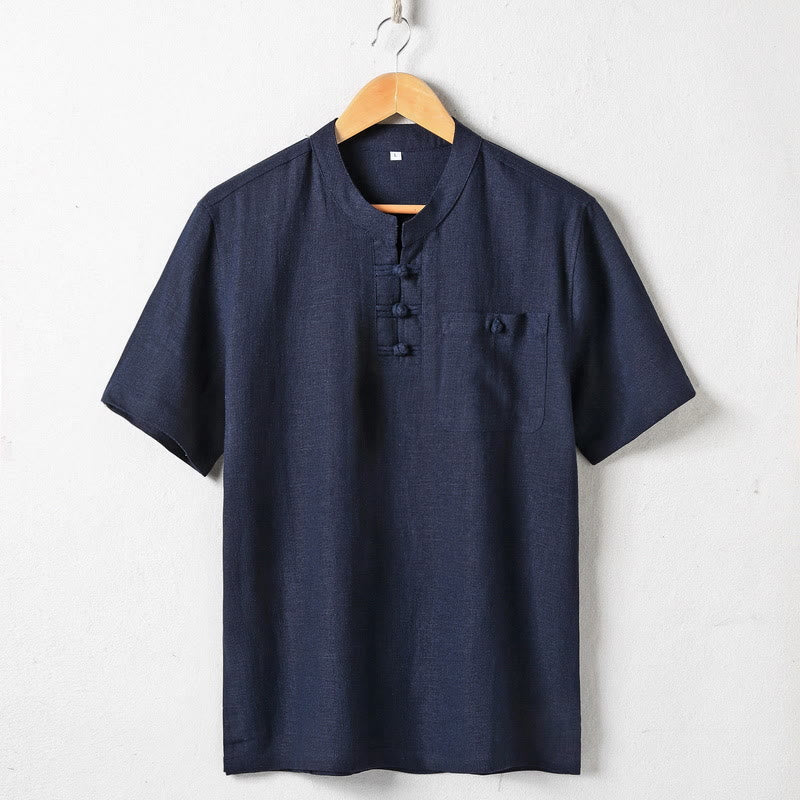 Nimara Ritual Loose Men's Shirt Solid Color Notched Neck Top Short Sleeve Comfy Button Breathable Cotton Linen Shirt