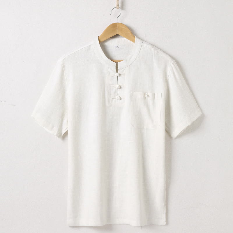 Nimara Ritual Loose Men's Shirt Solid Color Notched Neck Top Short Sleeve Comfy Button Breathable Cotton Linen Shirt