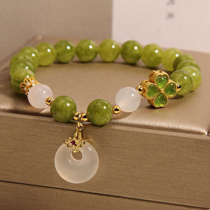 Nimara Ritual Green Tourmaline Chalcedony Four Leaf Clover Peace Buckle Charm Wisdom Bracelet