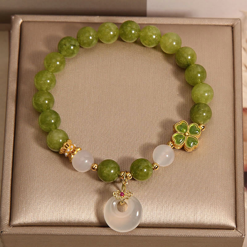 Nimara Ritual Green Tourmaline Chalcedony Four Leaf Clover Peace Buckle Charm Wisdom Bracelet