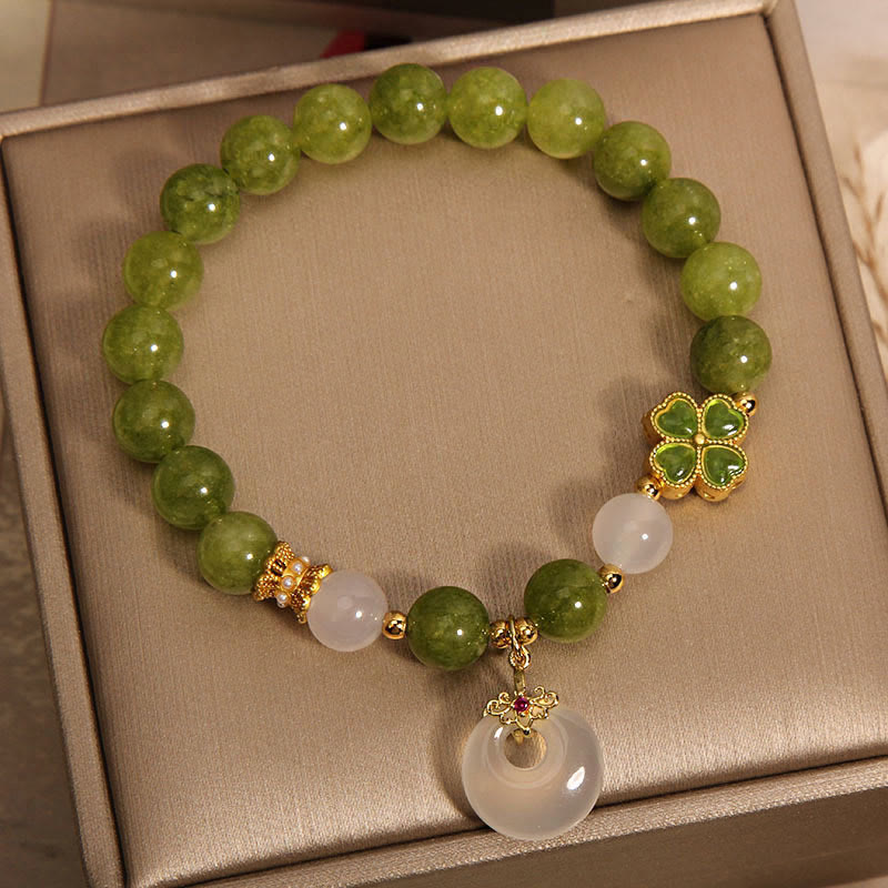 Nimara Ritual Green Tourmaline Chalcedony Four Leaf Clover Peace Buckle Charm Wisdom Bracelet
