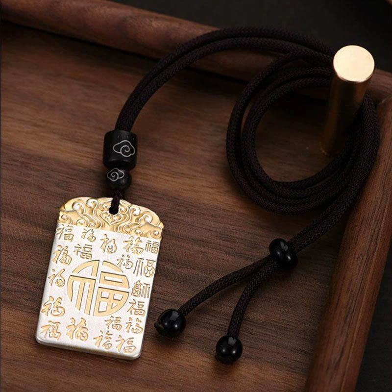 Nimara Ritual Silver Plated Copper Fu Character Auspicious Clouds Luck Fortune Rope Necklace Pendant
