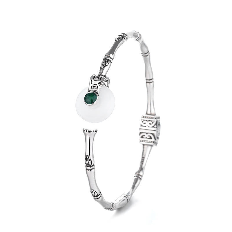 Nimara Ritual White Jade Peace Buckle Bamboo Design Luck Copper Cuff Bracelet Bangle