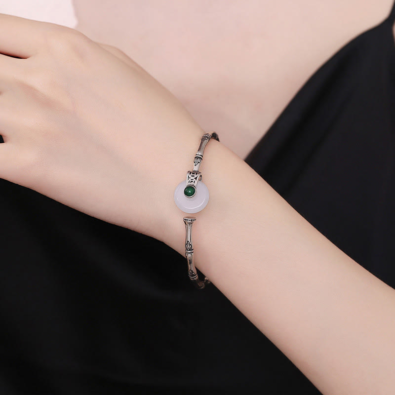 Nimara Ritual White Jade Peace Buckle Bamboo Design Luck Copper Cuff Bracelet Bangle