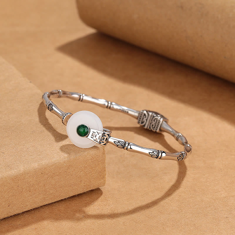Nimara Ritual White Jade Peace Buckle Bamboo Design Luck Copper Cuff Bracelet Bangle