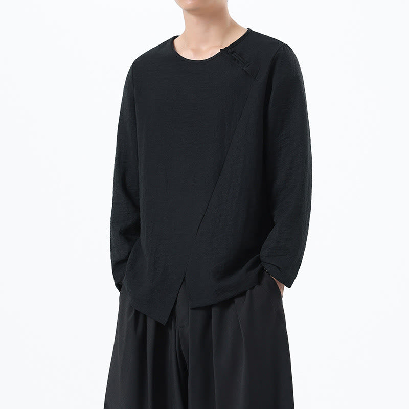 Nimara Ritual Men's Long Sleeve Round Collar Comfort Cotton Linen Shirt