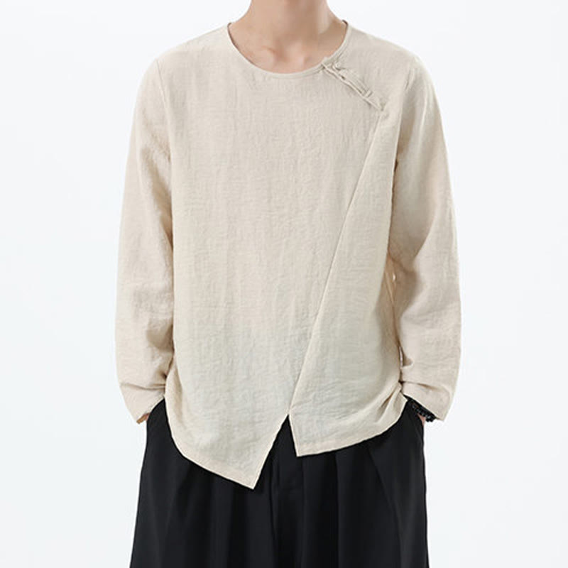 Nimara Ritual Men's Long Sleeve Round Collar Comfort Cotton Linen Shirt